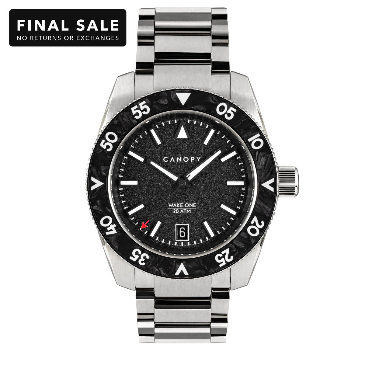 Canopy Wake One Stainless dive watch, front view, marked Final Sale: no returns or exchanges