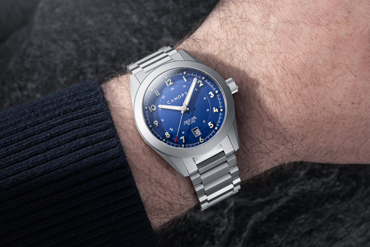 Field One Blue worn on the wrist