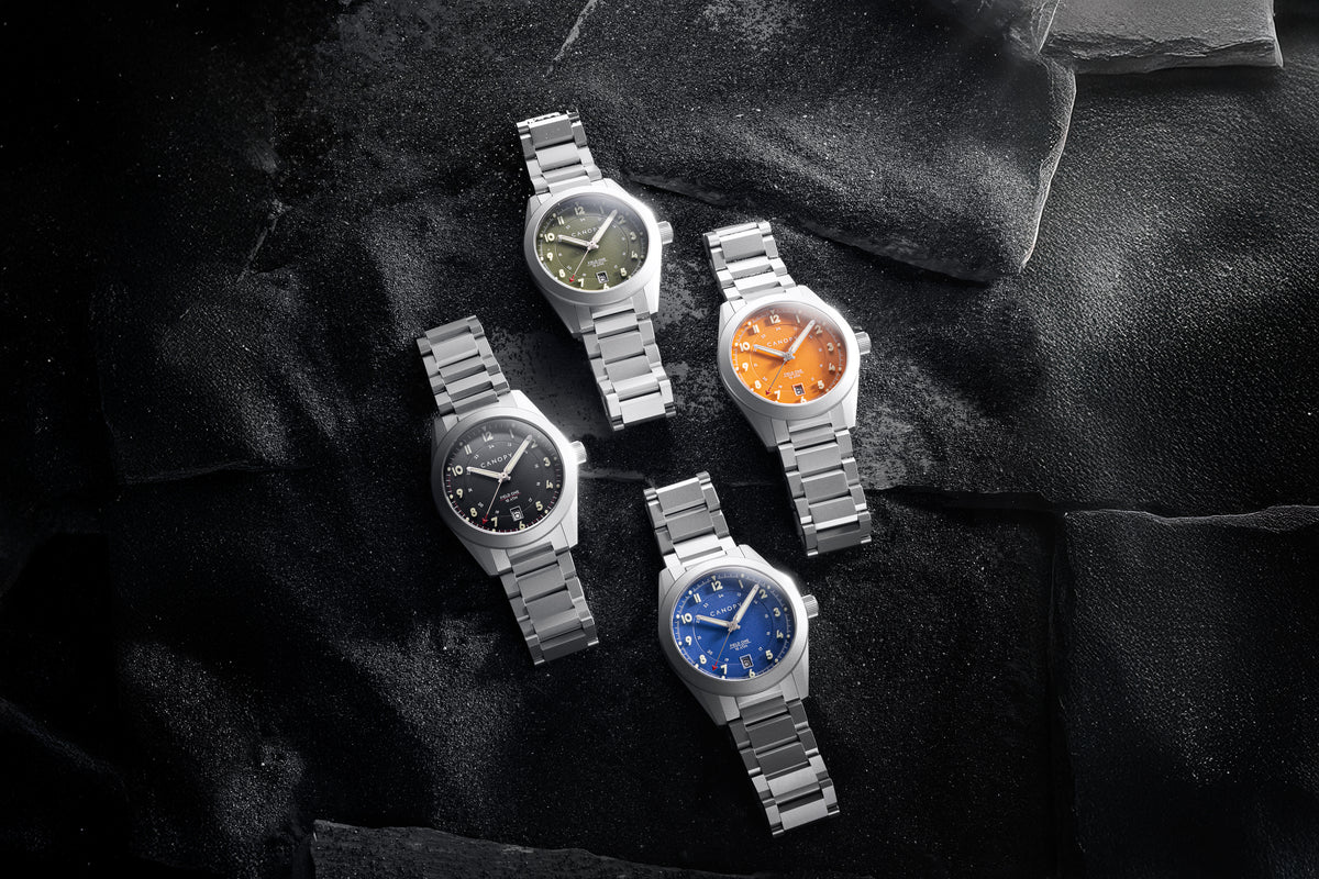 The Field One collection with all four dial colors viewed from above