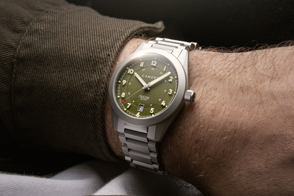 Field One Green worn on the wrist